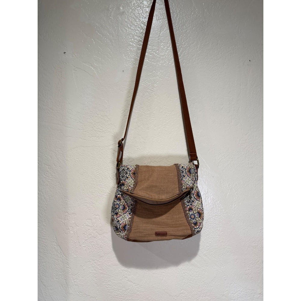 Sakroots Tan Canvas Mandala Floral Foldover Crossbody Bag Boho Adjustable Strap